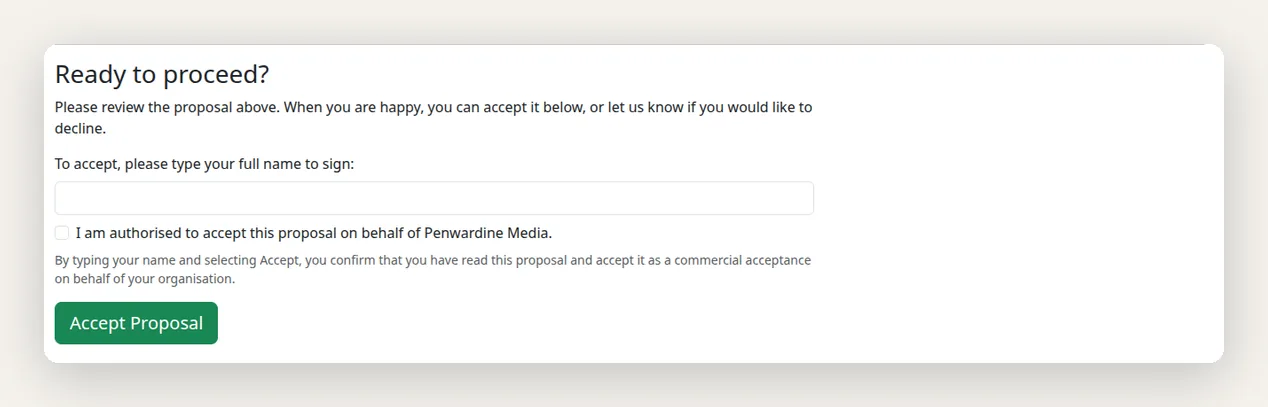 The acceptance step of a SAFE CRM proposal, where the customer types their full name to sign and ticks a box confirming they are authorised to accept on behalf of their company